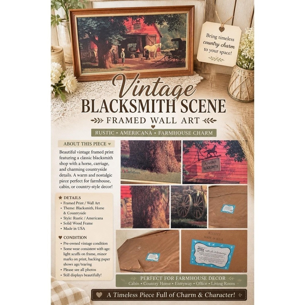 Vintage Paul Detlefsen THE SMITHY Blacksmith 52"x28" Wood Frame Textured Print - Picture 8 of 8